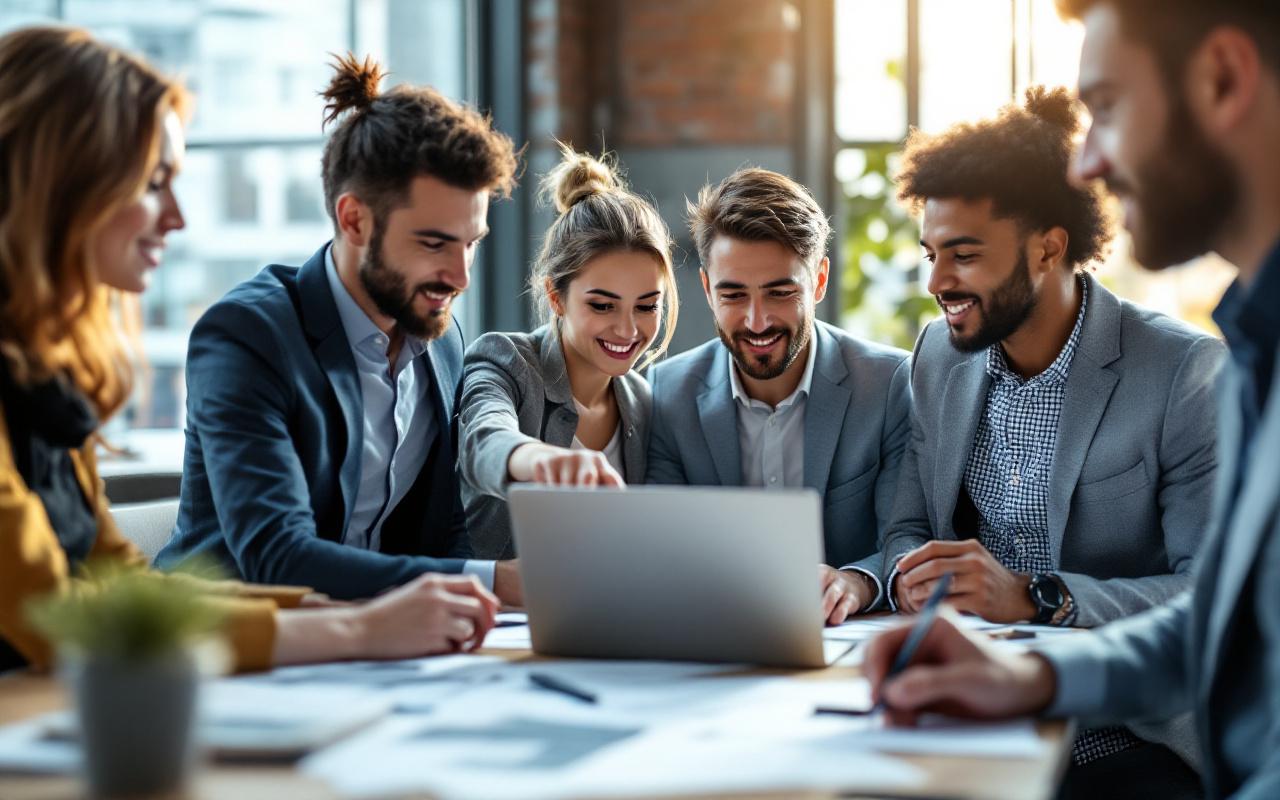 Un groupe de professionnels en tenue d'affaires examine un plan de personnel sur un ordinateur portable, autour d'une table dans un bureau moderne, éclairé par une lumière naturelle douce.