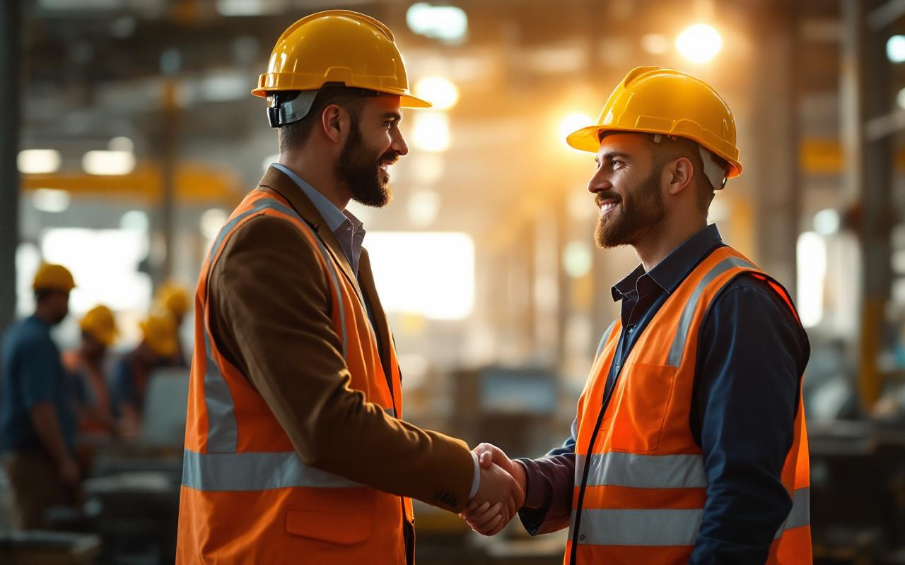 Responsable RH serrant la main d'un travailleur temporaire dans une usine, expressions naturelles, responsable en blazer, travailleur en gilet haute visibilité et casque, machines en arrière-plan floues, lumière volumétrique douce, tons jaunes et bleus