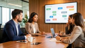 Une équipe marketing et commerciale réunit autour d’une table de conférence, discutant du pipeline B2B affiché sur un écran moderne dans un bureau lumineux.
