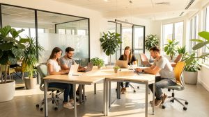 Bureau moderne et lumineux avec deux femmes et deux hommes travaillant ensemble dans des espaces collaboratifs entourés de plantes et de mobilier modulable.