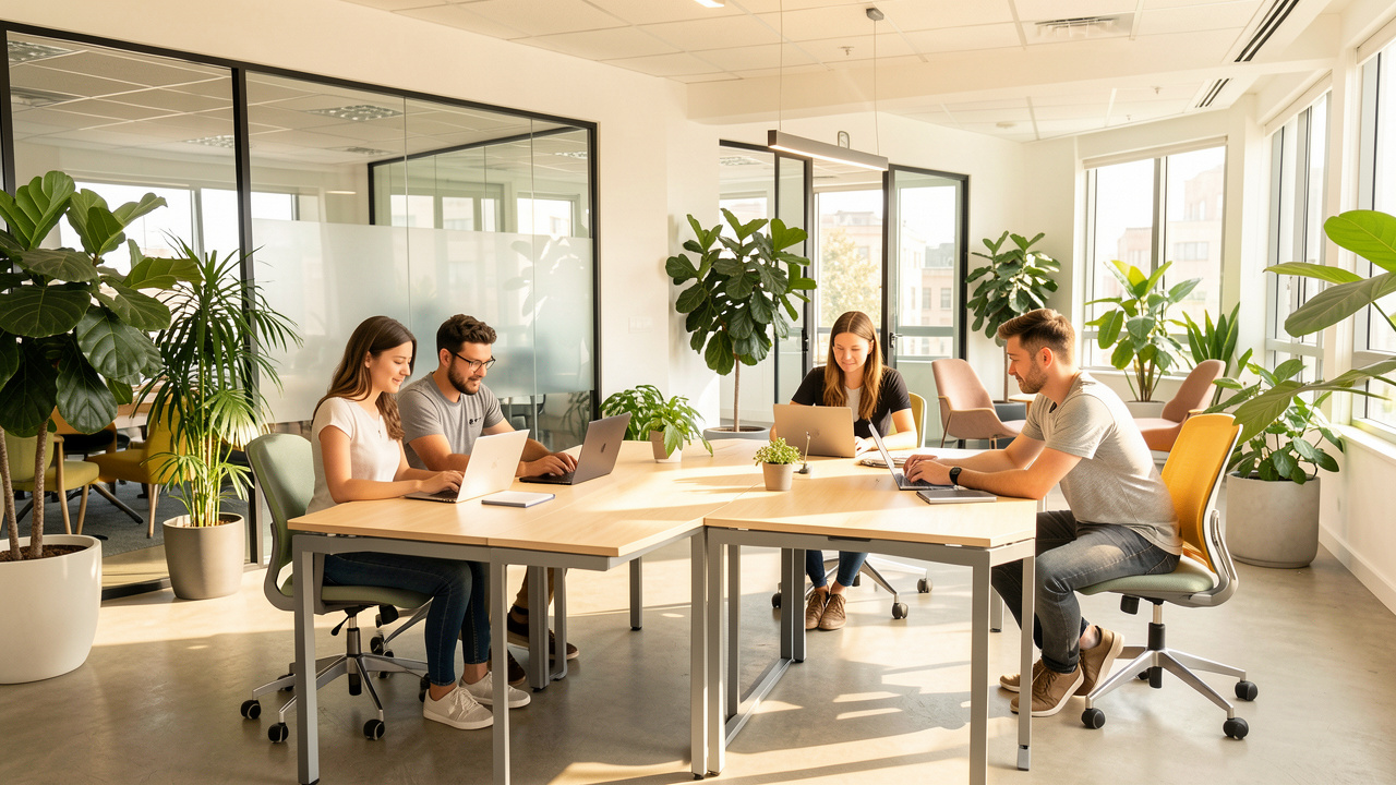 Bureau moderne et lumineux avec deux femmes et deux hommes travaillant ensemble dans des espaces collaboratifs entourés de plantes et de mobilier modulable.