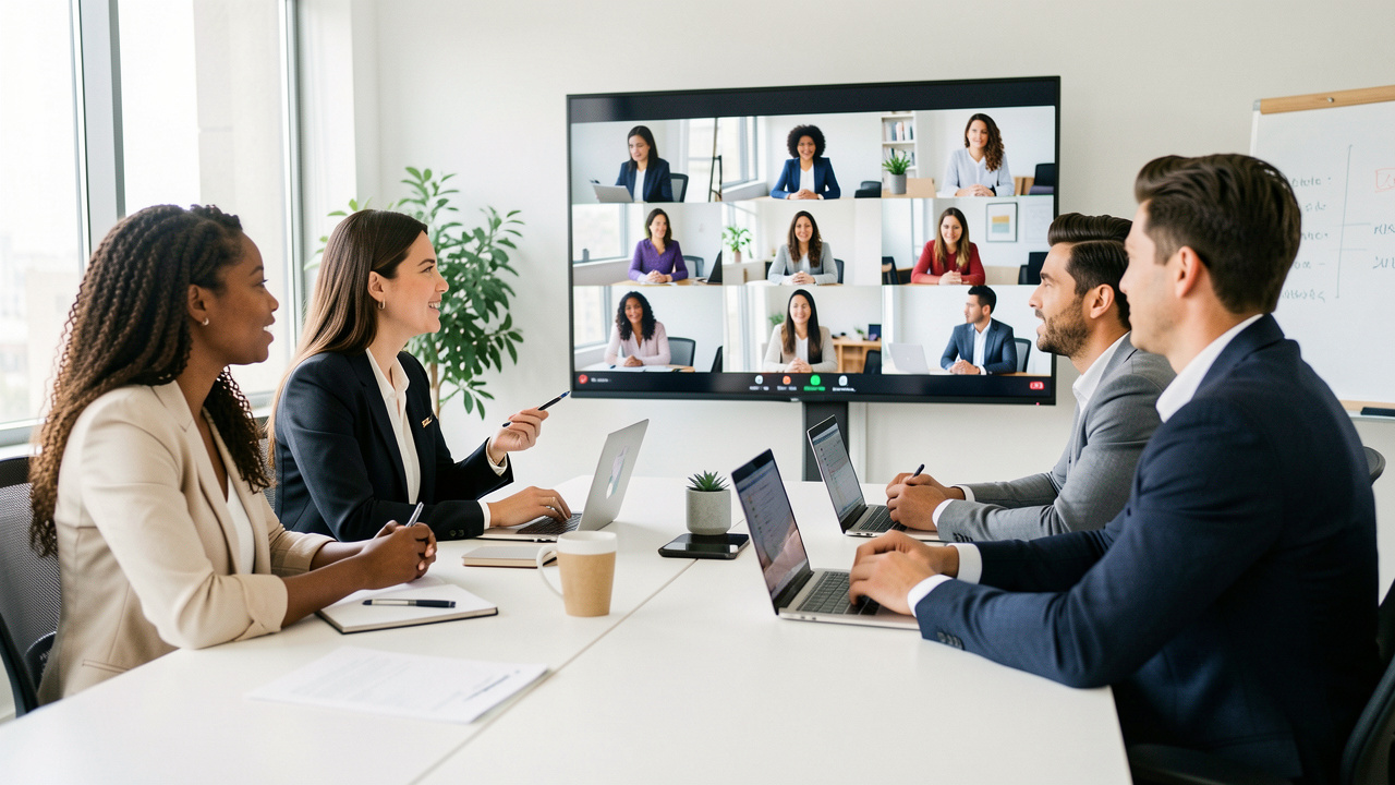Équipe diverse réunie dans un bureau lumineux, avec des collaborateurs présents sur place et d’autres visibles en visioconférence.