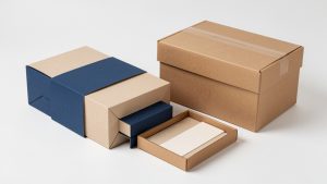 Emballage produit élégant et économique en carton recyclé, accompagné d’inserts de protection optimisés et d’une boîte d’expédition réutilisable.