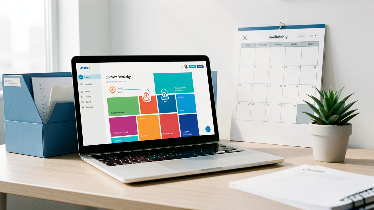 Espace de travail d’entreprise organisé autour d’une stratégie de contenu régulière, avec ordinateur, calendrier vierge et éléments de planification.