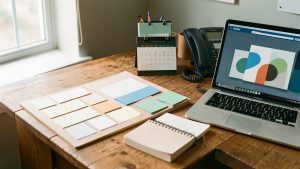 Espace de travail de petite entreprise avec un système simple de suivi des leads organisé en étapes colorées, accompagné d’un carnet, d’un calendrier, d’un téléphone et d’un ordinateur portable.