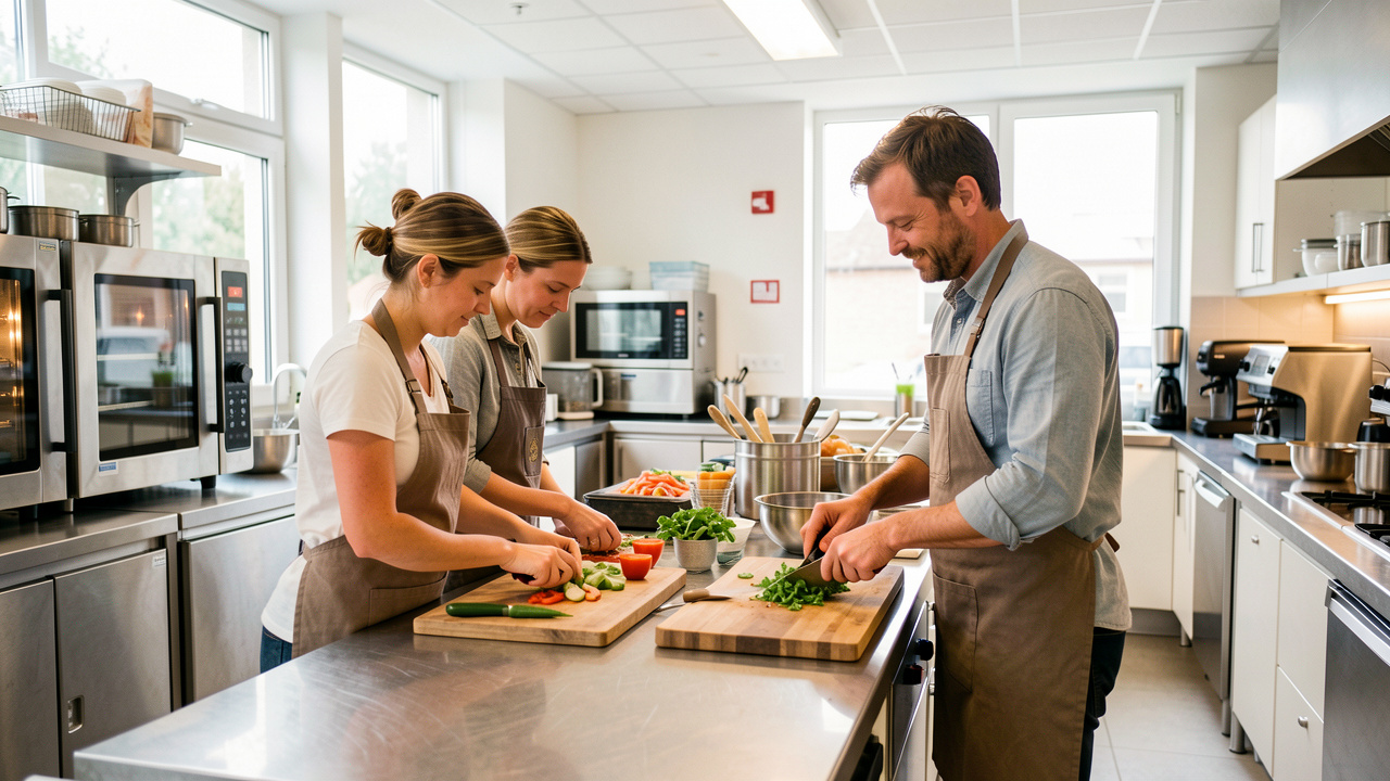 Une femme et un homme entrepreneurs alimentaires préparent des ingrédients sur des plans de travail en inox dans un laboratoire de cuisine partagé moderne près d’Angers, avec des fours professionnels visibles et une abondante lumière naturelle.